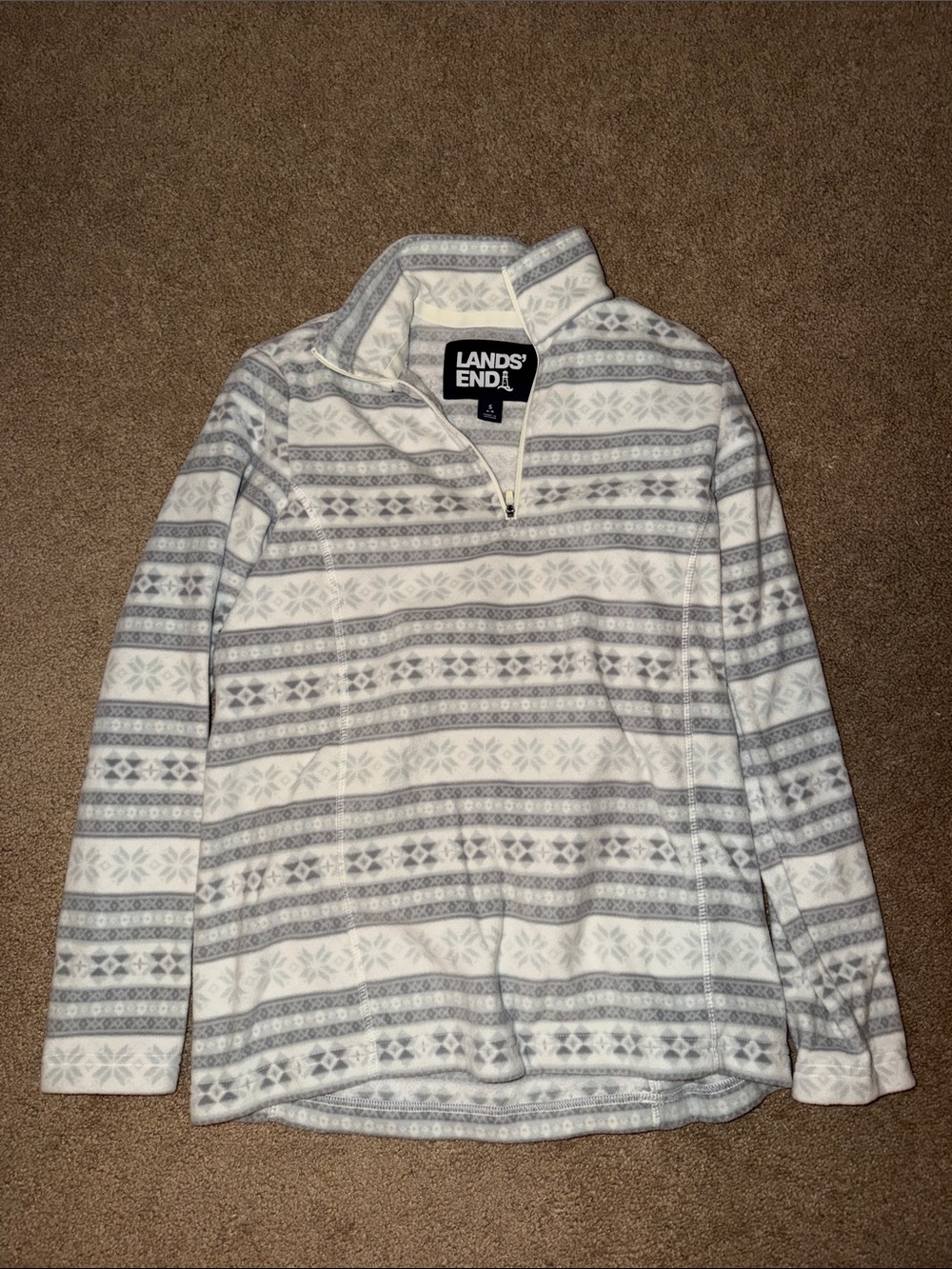 Lands' End Women’s White & Light Gray Patterned Quarter-Zip Fleece Sweater